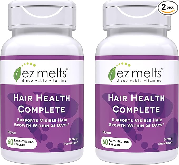 EZ Melts Hair Health Complete - Hair Supplement to Support Strength &amp Growth - Includes AnaGain Nu Biotin Apigenin Bambo Silica &amp More - 120 Sublingual Tablets (60 Servings)