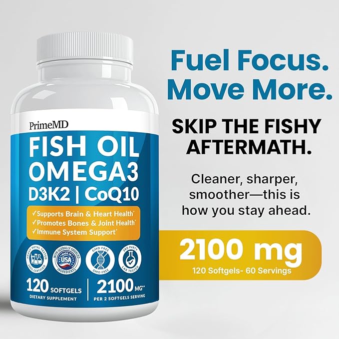 5-in-1 Fish Oil Omega 3 Fatty Supplements (2100mg) - Omega 3 Fish Oil with Vitamins D3 K2 and CoQ10 - Lemon Flavored (120 softgels Pack of 3)