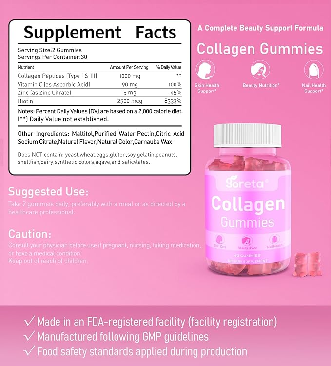 Collagen Gummies with Biotin Vitamin C &amp Zinc – 1000mg Hydrolyzed Collagen Peptides for Skin Hair &amp Nails Nutrition Daily Beauty Nutrition Peach Flavor 60 Gummies