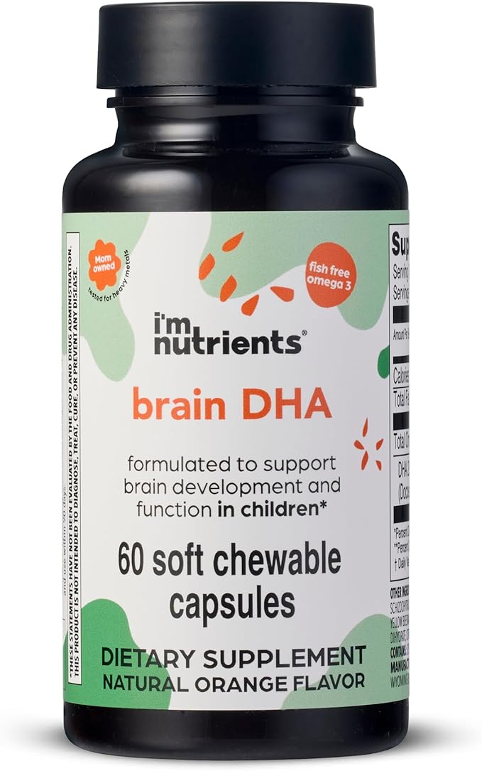 I'm Nutrients Brain DHA Algae Omega 3 Supplement for Kids | Supports Brain Development | Promotes Healthy Eye Function | Naturally Flavored | 60 Chewable Soft Gelatin Capsules