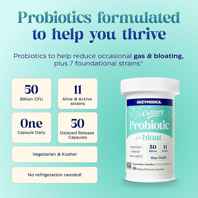 Enzymedica SubCulture Probiotic for Bloat &amp Digestive Health - Probiotic Supplement Capsules for Women &amp Men 50 Billion CFU Gut Health Support for Adults Helps Occasional Gas &amp Bloating