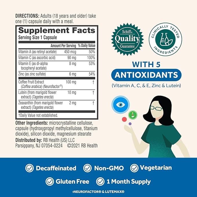 NEURIVA Brain + Eye Supplement for Memory Focus &amp Concentration with Clinically Tested Lutein and Zeaxanthin Vitamins A C &amp E + Zinc for Eye Health &amp Filter Blue Light 30 Count Capsules