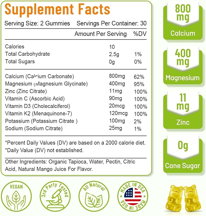 High Absorption Calcium Gummies Calcium Magnesium Zinc with Magnesium Glycinate Potassium Vitamin D3 for Women &amp Men- Mango Flavor 120 Cts
