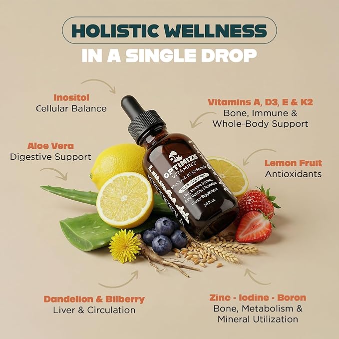 Optimize Vitaminz Liquid Vitamin D3 K2 Drops with Dandelion Root &amp Bilberry | Immune Liver &amp Bone Support MK-7 Formula Fast Absorption Liquid Multivitamin 30 Day Supply 2 Fl Oz