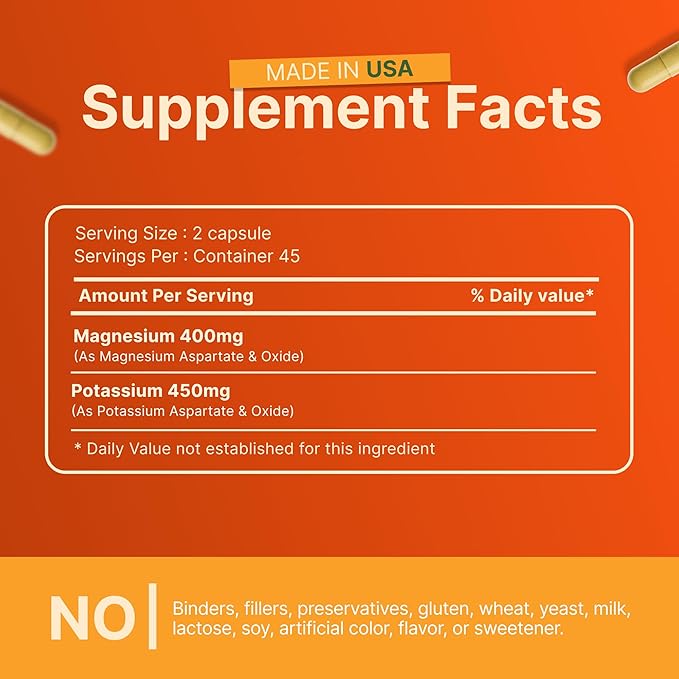 Invita Potassium Magnesium Supplement (90 Capsules) High Absorption Potassium Magnesium Complex with Aspartate &amp Chloride - Supports Cardiovascular Muscles &amp Nerve Health - Non GMO &amp Glut