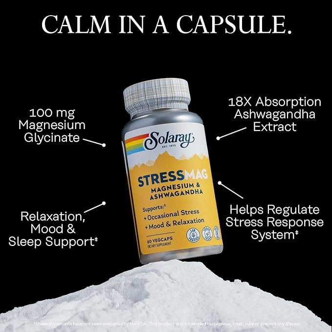 Solaray StressMag – Magnesium Glycinate Plus Ashwagandha for Women and Men - Relaxation Mood &amp Occasional Stress Support – Magnesium Supplement with Bisglycinate – 30 Servings 60 VegCaps