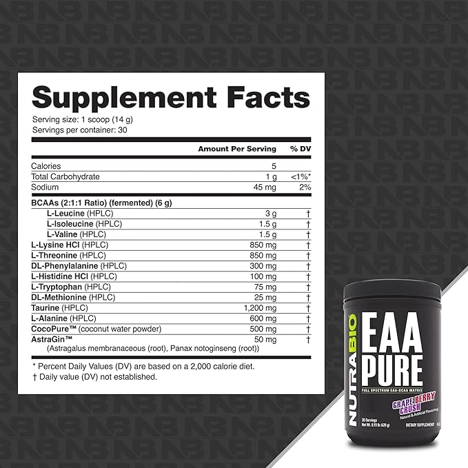 NutraBio – EAA Pure – 9 Amino Acids – Muscle Repair and Recovery 30 Servings Grape Berry Crush – Pre or Post Workout – All Day Recovery
