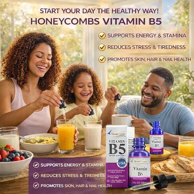 HoneyCombs Vitamin B5 Liquid Drops Pantothenic Acid 500% DV Liquid B5 Supplement Vegan Vitamin B Complex Liquid Fast Absorbing Vitamin Drops Daily Nutritional Support for Adults 1oz