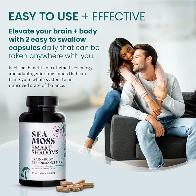 HAPPY FOX Irish Sea Moss Capsules &amp Mushroom Complex - Organic Seamoss with Adaptogens for Brain Health 1500mg 90 Vegan Capsules Organic Mushroom Supplement