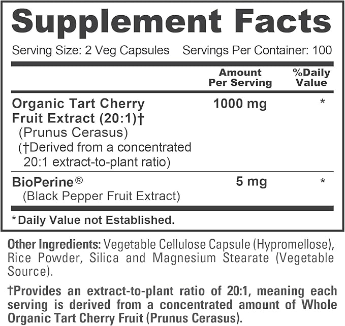 NusaPure Tart Cherry Capsules 1000 mg 200 Veg Capsules (Non-GMO Vegan)