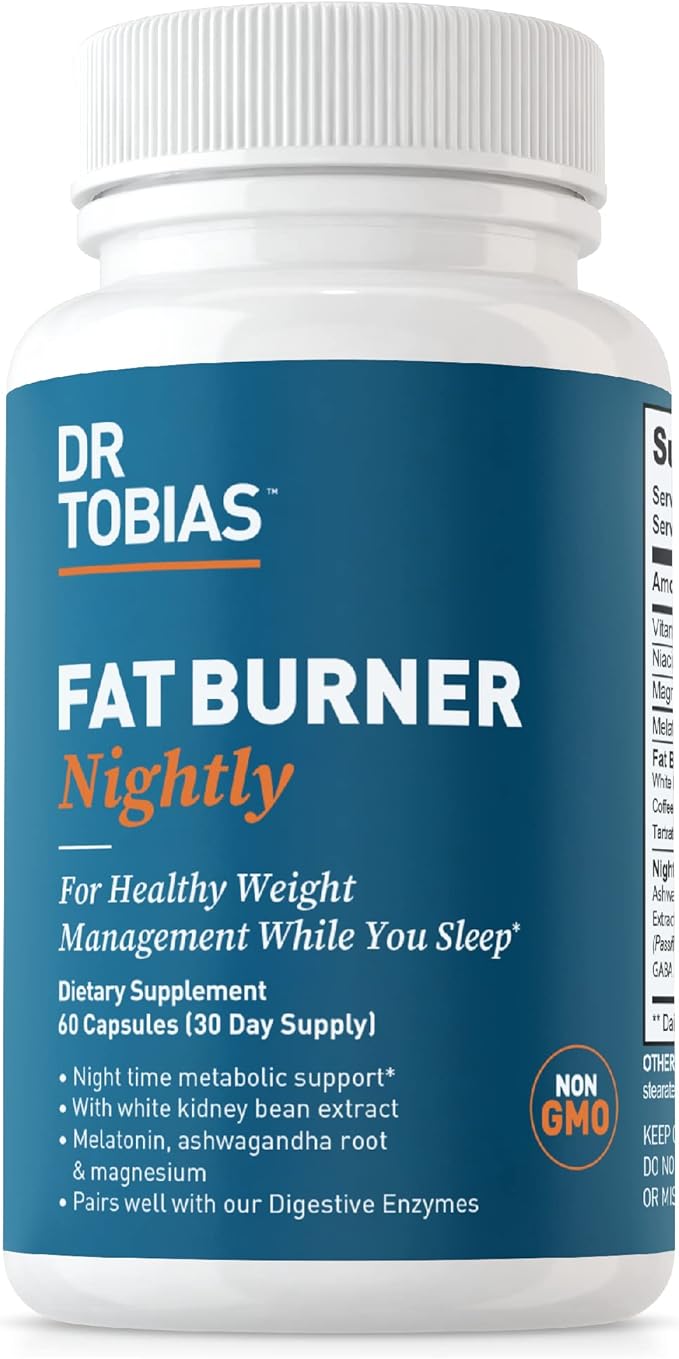 Dr. Tobias Fat Burner Nightly - Night Time Metabolic Support with White Kidney Bean Extract Ashwagandha Root Green Coffee Bean Extract &amp Melatonin | Non-GMO (60 Capsules 30 Day Supply)