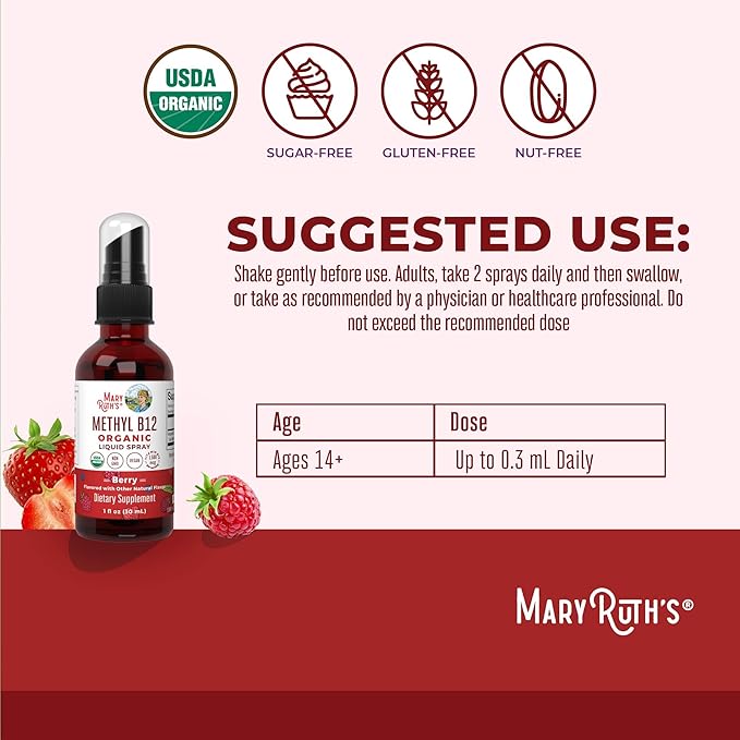 MARYRUTH'S Organic Methyl B12 Spray | 1500 mcg B12 Per Serving | Methylcobalamin | Energy Metabolism | Cognitive Function | Neuro Health | Vegan | Gluten Free | Sugar Free | 1 Fl Oz
