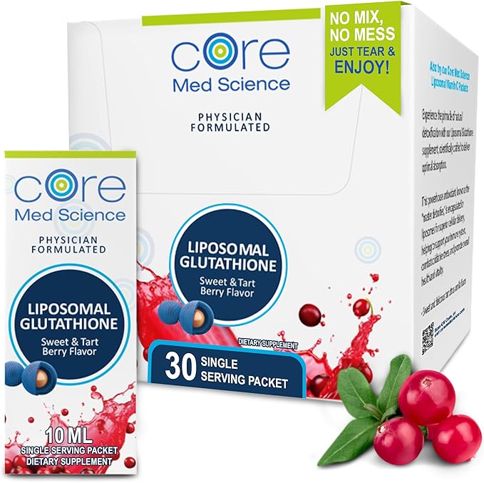 Core Med Science Liposomal Glutathione Supplement Sweet &amp Tart Berry - Glutathione Drink Mix for Detox Support - Antioxidant Supplement for Energy Brain Health Skin &amp Liver Health - 30 Pack