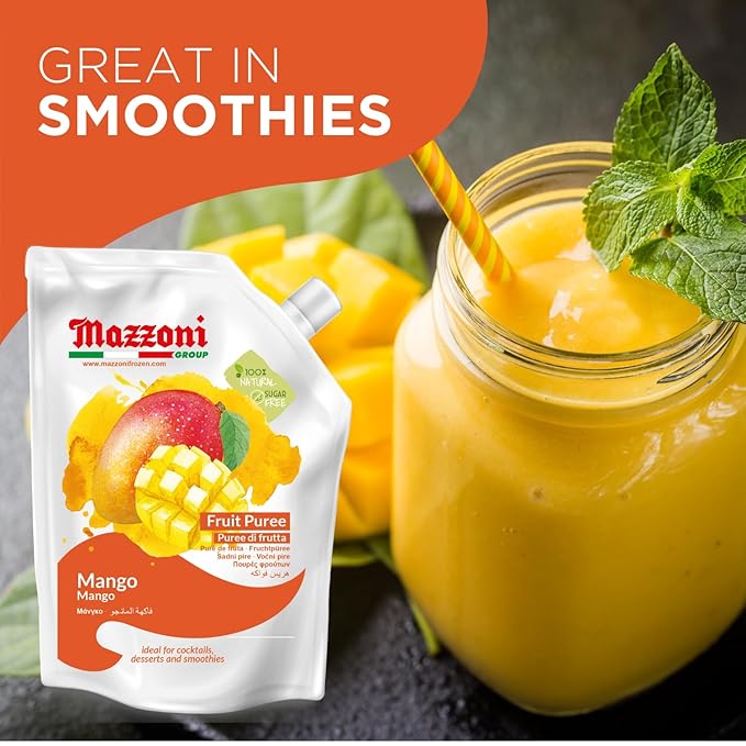 Mazzoni Mango Puree Juice 100% Pure Mango Lassi Just Fruit Nectar No Sugar Added 2.2 lbs (35.2 oz) Real Fruit Mixer for Cocktails Drinks Smoothies Convenient Pouch Made in Italy (Pack of 2)