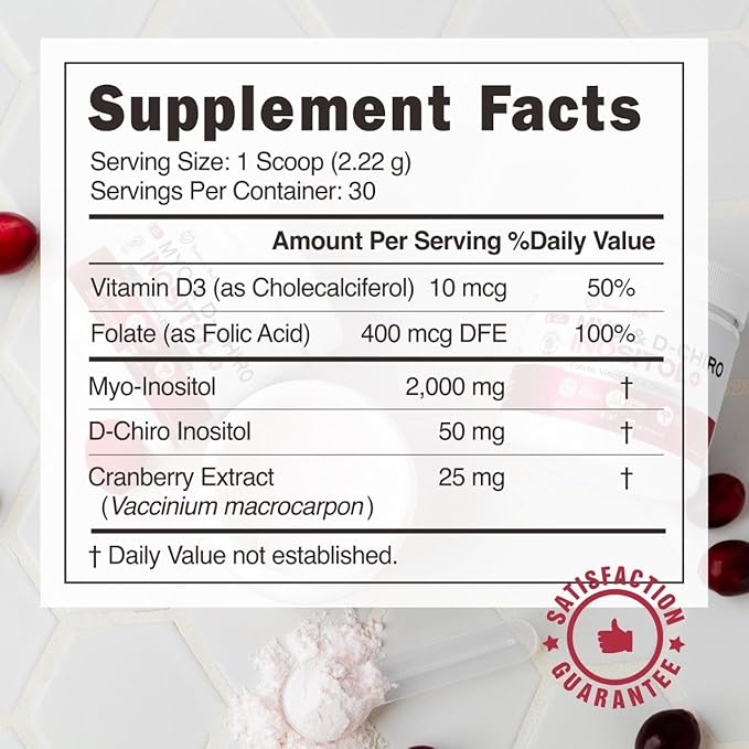 Myo-Inositol &amp D-Chiro Inositol Powder - 40:1 Ratio with Folate Vitamin D &amp Cranberry - Inositol Supplement for Women - 30 Day Supply