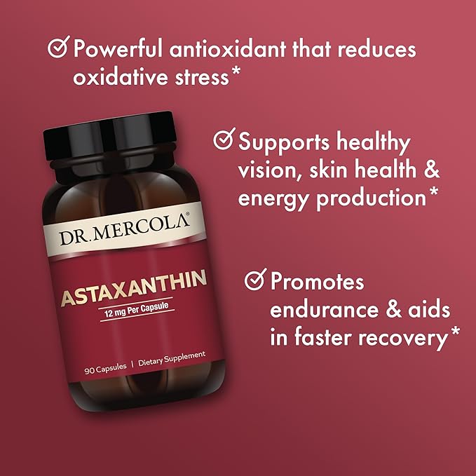 Dr. Mercola Organic Astaxanthin - 12 mg Astaxanthin - Powerful Antioxidant Support - Organic Microalgae Extract - Non-GMO Gluten-Free &amp Soy-Free - 90 Capsules (90 Servings)