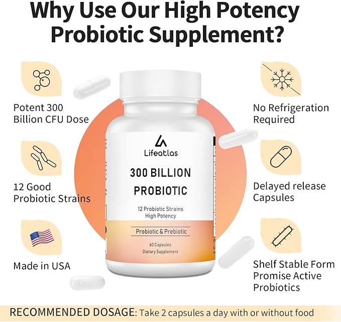 Lifeatlas 300 Billion CFU Probiotics - Probiotics for Women and Men 12 Probiotic Strains Plus Prebiotic for Immune &amp Digestive Gut Health Gas Bloating Shelf Stable - 60 Caps