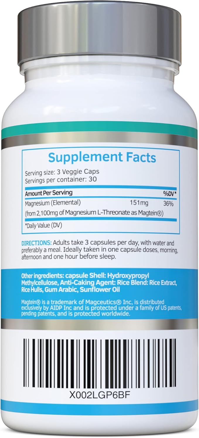 Magtein Magnesium L-Threonate - 2100mg Daily Dose - 30 Day Supply - No Artificial Fillers Binders or Flow Agents - Suitable for Vegans - Magnesium for Memory Focus &amp Cognition - Made in The USA