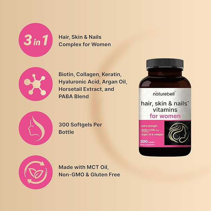NatureBell Hair Skin &amp Nails* Vitamins for Women – 5000mcg Biotin Collagen Keratin Hyaluronic Acid Argan Oil &amp B‑Complex – 21‑in‑1 Formula with MCT Oil 300 Softgels (100 Days Supply)