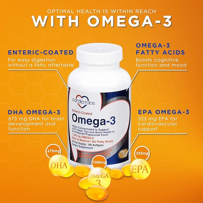 Omega-3 Enteric-Coated Fish Oil Supplements Triglyceride Form 1100 mg Total Omega-3 Fatty Acids Non-Dairy and Gluten-Free Special Enteric Coated Softgels for No Fishy Burps - 180 Count