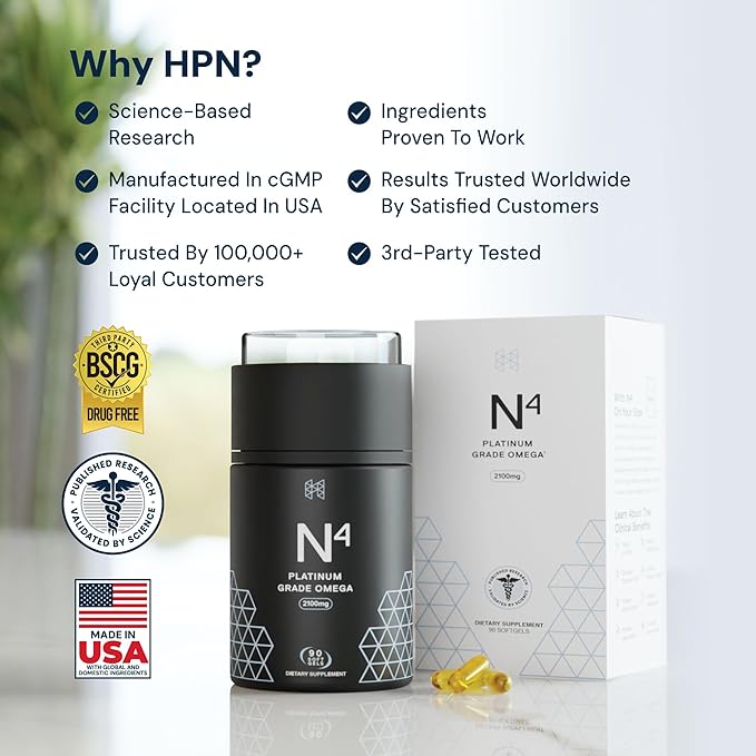 HPN N(4) Icelandic Omega-3 Fish Oil 3000 mg DHA &amp EPA | Increase Muscle Growth Joint and Brain Health | No Heavy Metals or Toxins | 90 Softgel Capsules
