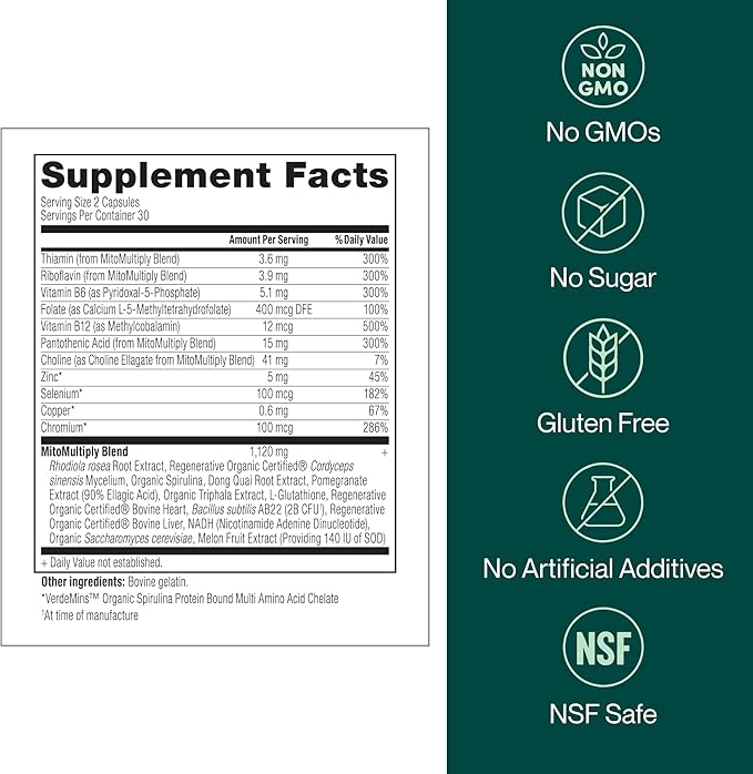 MitoMultiply – Mitochondrial Support with Glutathione SOD Catalase NADH Bacillus Subtilis – Boosts Cellular Energy Absorption Bioavailability – 60 Capsules