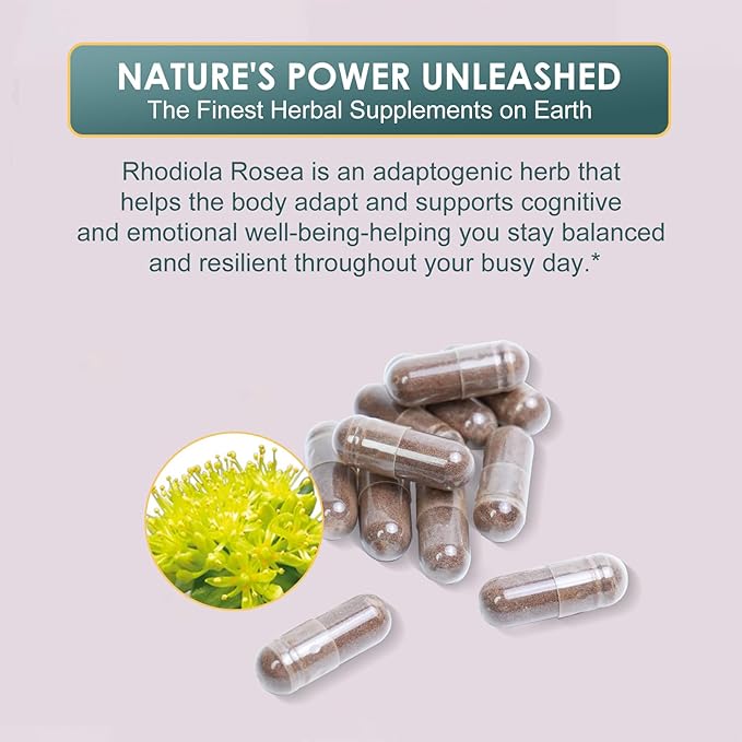 Rhodiola Rosea Supplement 500mg - Rhodiola Rosea Extract for Energy Stress Relief Mood and Focus - Adaptogenic Herb Supplement - Gluten Free &amp Non-GMO - 60 Vegan Capsules