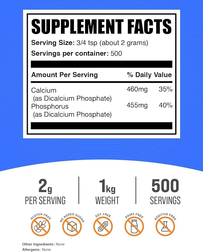BulkSupplements.com Dicalcium Phosphate Powder - Calcium Supplement DCP Supplement - Unflavored &amp Gluten Free 2g per Serving 1kg (2.2 lbs) (Pack of 1)