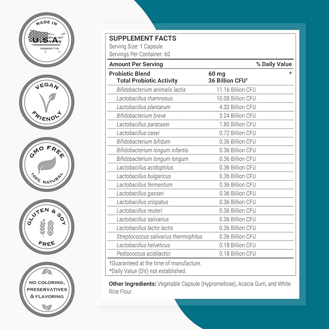 Supersmart Full Spectrum Probiotic Formula 36 Billion CFU per Day (20-in-1 Complex) - with Lactobacillus Reuteri Gasseri Rhamnosus Crispatus | Non-GMO &amp Gluten Free - 60 Vegetarian Capsules