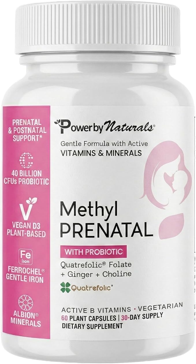 Power By Naturals Methyl Prenatal with Probiotics – Prenatal Vitamins for Women with Iron Methyl Folate B12 &amp 28 Nutrients &amp Botanicals – Vegan Non-GMO Gluten-Free – 60 Capsules (1-Month S
