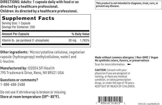 Klaire Labs SFI Health P-5-P - 30 Milligrams of Bioactive Vitamin B6 Pyridoxal-5-Phosphate for Metabolic &amp Liver Support Hypoallergenic (250 Capsules)