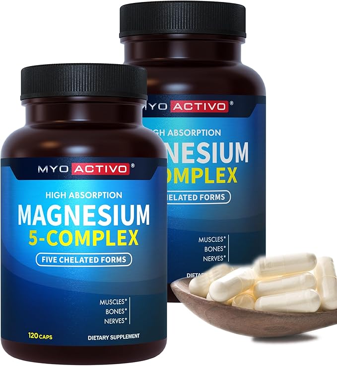 MyoActivo Magnesium 5 Complex - Chelated Magnesium Glycinate Malate Citrate Taurate &amp Aspartate for Nerves Muscles Bones - 2 Pack