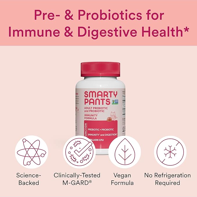 SmartyPants Adult Probiotic &amp Prebiotic Gummies for Digestive Health: Gut Health Supplement Clinically Studied Prebiotic for Immune Support Strawberry 60 Count (30 Day Supply) (Pack of 2)