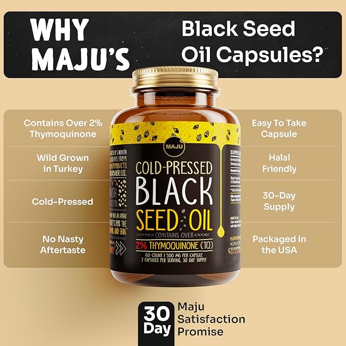 Maju Superfoods Black Seed Oil Capsules - Cold Pressed 2% Thymoquinone 100% Turkish Black Cumin Nigella Sativa Seed Oil Liquid Pure Blackseed 60 Count 500mg per Capsule