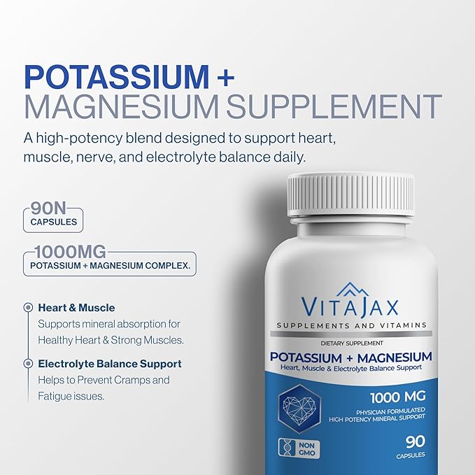 Potassium Magnesium Supplement 1000mg | 180 Capsules | Magnesium and Potassium Supplement for Heart Leg Cramp Muscle &amp Electrolyte Balance Support | Gluten Free Non-GMO | 6-Month Supply