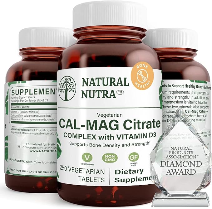 Natural Nutra Cal-Mag Citrate with Vitamin D31000/500 mg Complex Strengthen Bone Density Muscle and Nerve Health Help Maintain Healthy Teeth Highly Bioavailable Sources 250 Vegan Tablets