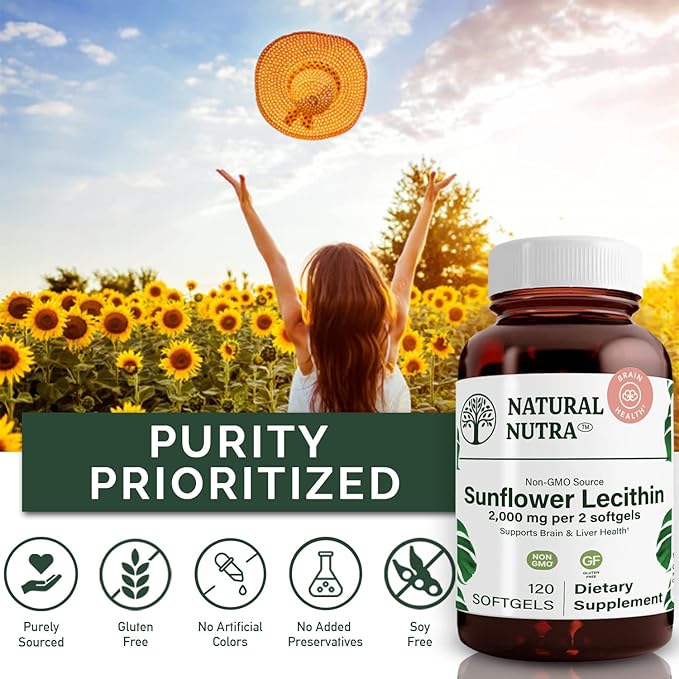 Natural Nutra Sunflower Lecithin 2000 mg Supplement Supports Breastfeeding Moms with Plugged Milk Duct Relief Liver &amp Brain Health Booster Soy Free Non-GMO Gluten-Free 120 Softgels (2 Pack)