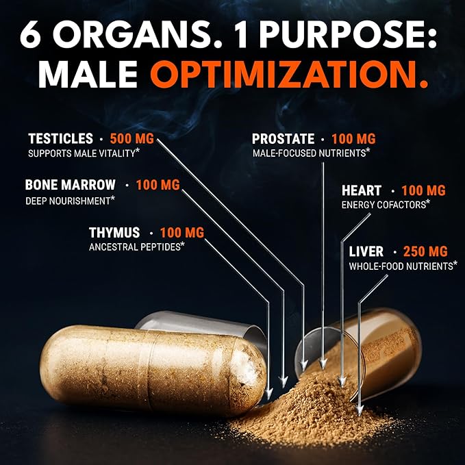 Beef Organ Supplement for Men - 100% Grass Fed Finished Bull Complex for Men's Health - Freeze Dried Non-GMO Bovine Testes Liver Thymus Heart Bone Marrow 120 Capsules