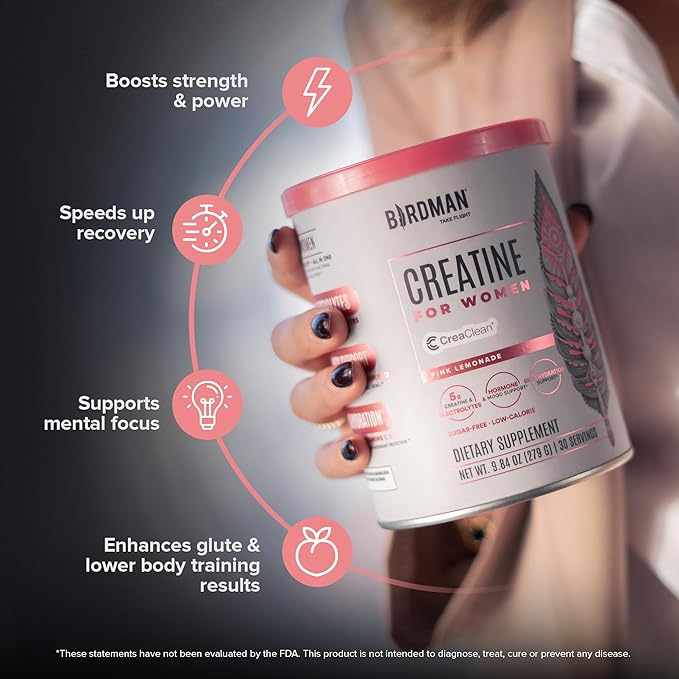 BIRDMAN Creatine for Women | Creatine Monohydrate Powder with Myo &amp D-Chiro Inositol Hyaluronic Acid Zinc Electrolytes and Vitamins | Sugar Free Pink Lemonade | 30 Servings