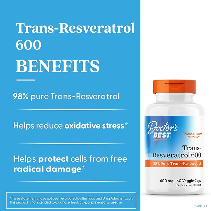 Doctor's Best Trans Resveratrol Supplement 600 mg for Men &amp Women - 98% Pure Trans-Resveratrol Capsules for Nutrition Health &amp Wellness Support Vegan Gluten Free Non GMO - 60 Veg Caps