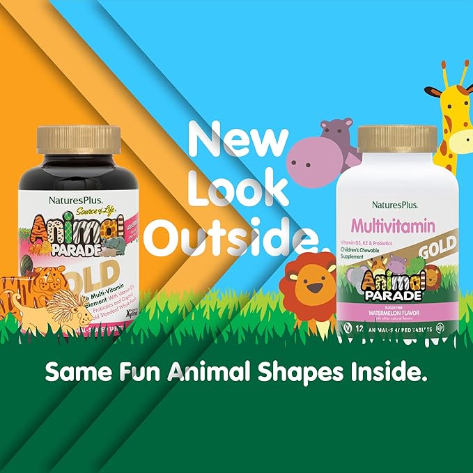 NaturesPlus Animal Parade Gold Multivitamin Children’s Chewables - Watermelon Flavor - 120 Animal-Shaped Tablets - Vitamin D3 K2 &amp Probiotics - Vegan Gluten Free - 60 Total Servings