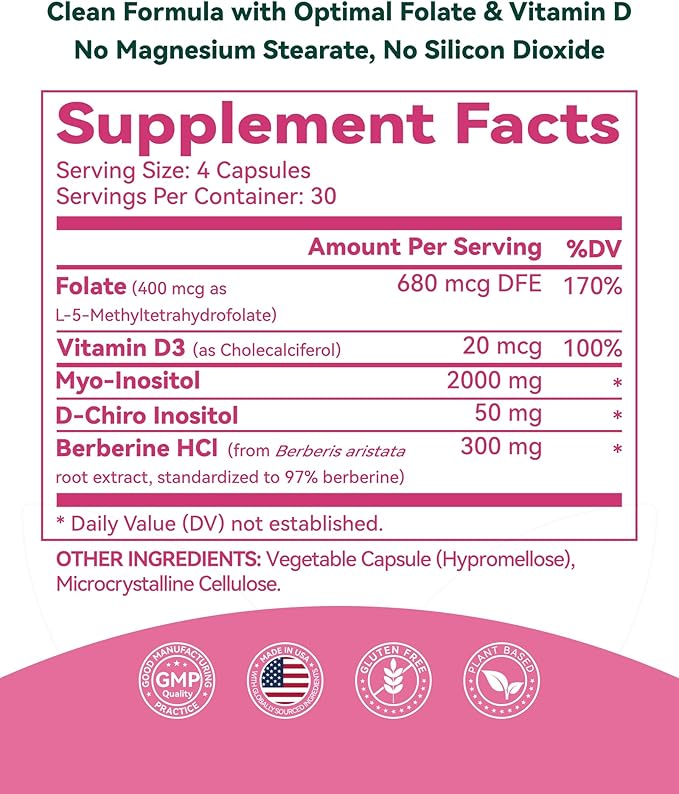Inositol Supplement for Women Myo-Inositol &amp D-Chiro Inositol 40:1 PCOS Support with Berberine MTHF Folate &amp Vitamin D3 Supports Ovarian Health Hormonal Balance &amp Regular Cycles 120