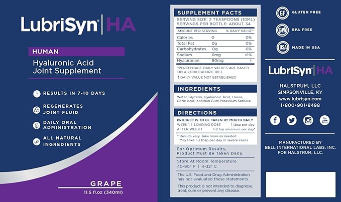 Lubrisyn Hyaluronic Acid Oral Joint Supplement – Liquid HA Formula for Humans – Promotes Joint Support Mobility Flexibility Hydration &amp Healthy Function for Men &amp Women – Grape Flavor 11.5o