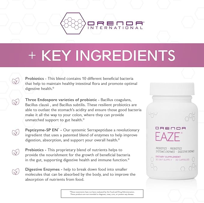 Orenda Eaze®: Gut Wellness Capsules | 6-in-1 Digestive Support with Probiotics Endospores Peptizyme-SP EN Prebiotics and Digestive Enzymes - Elevate Your Gut Health Today - 30 Capsules
