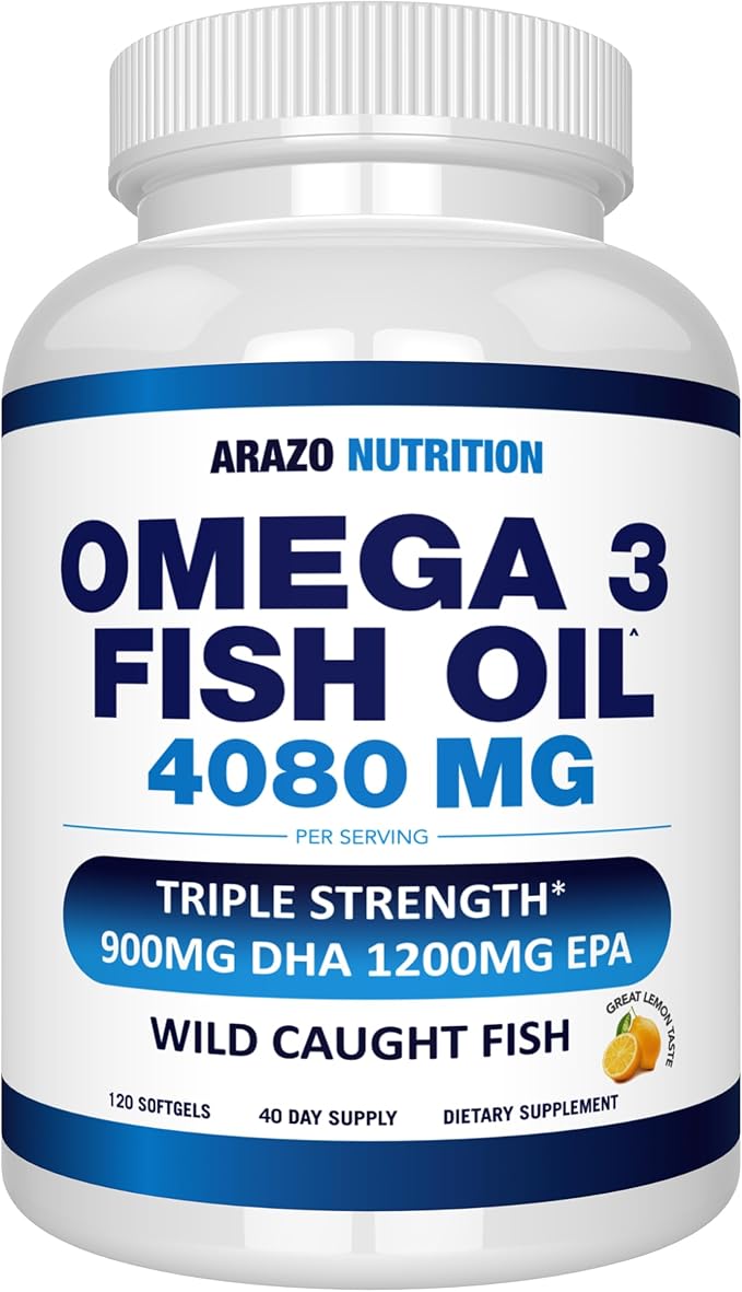 Arazo Nutrition Wild Caught Omega-3 Fish Oil Concentrate – 4080mg per Serving – High EPA 1200mg &amp DHA 900mg – 120 Burpless Lemon Softgels