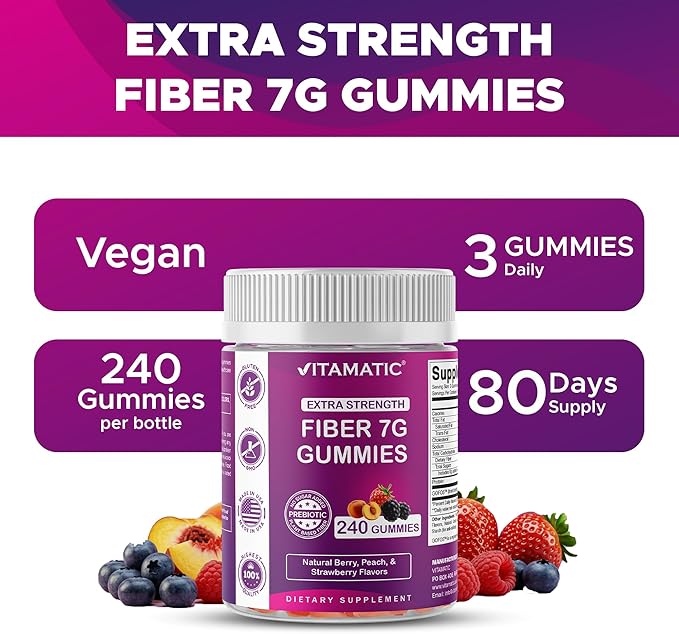Vitamatic Prebiotic Fiber Gummies for Adults 7G Extra Strength Zero Sugar Added 240 Pectin Based Gummies Digestive Health &amp Regularity Support
