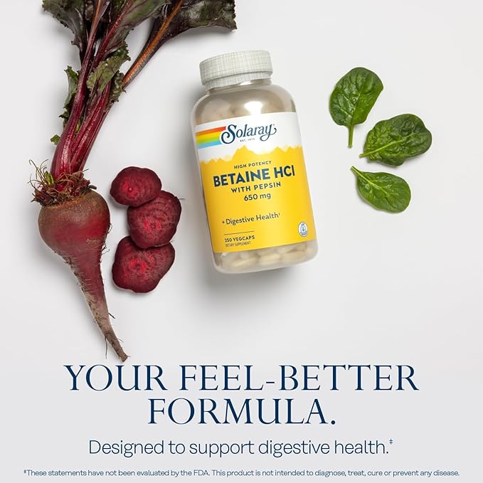 SOLARAY Betaine HCL with Pepsin - High Potency Hydrochloric Acid Formula - Digestive Health Supplement with Digestive Enzymes for Gut Health Support - 60-Day Guarantee 250 Servings 250 VegCaps