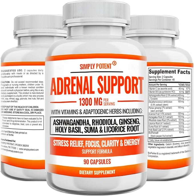 Simply Potent Adrenal Support and Cortisol Manager - 90 Capsules Adrenal Health Supplement with Ashwagandha Licorice Root Rhodiola Rosea Ginseng Holy Basil for Adrenal Fatigue for Women &amp Men