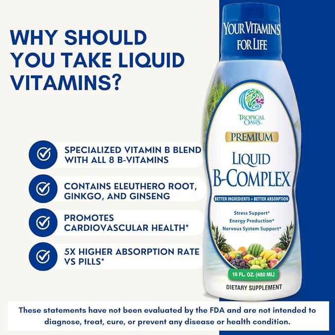 Premium Liquid B Complex Vitamin- Fast Absorbing Liquid B-Complex Supplement w/ all 8 B-vitamins PLUS energizing herbal blend w/ Ginseng Ginkgo and Eleuthero Root - Vegan NON-GMO - 16oz 32 Serv