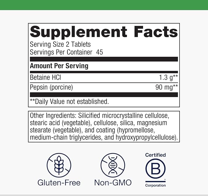 Metagenics SpectraZyme Betaine HCl with Pepsin - Digestive Support for Protein Breakdown &amp Nutrient Absorption* - Betaine Hydrochloride 650 mg &amp Pepsin 40 mg - Non‑GMO Gluten‑Free - 90 Capsul